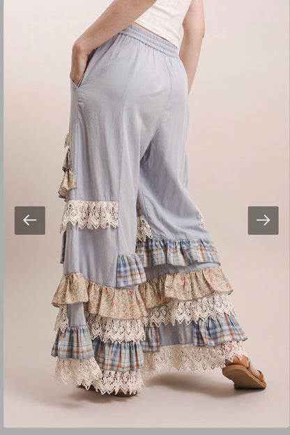 FLORAL AND LACE TIERED RUFFLE SOLID WIDE LEG PANTS
