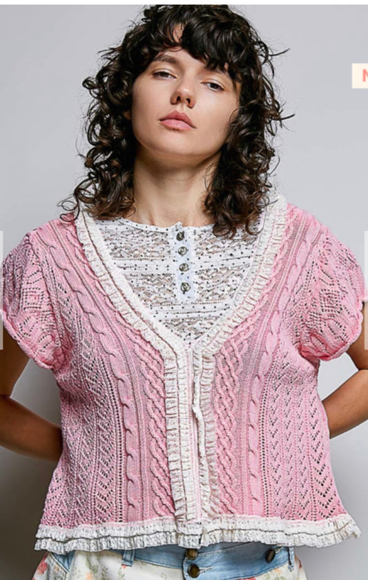 PEONY PINK SS LACE CONTRAST TOP