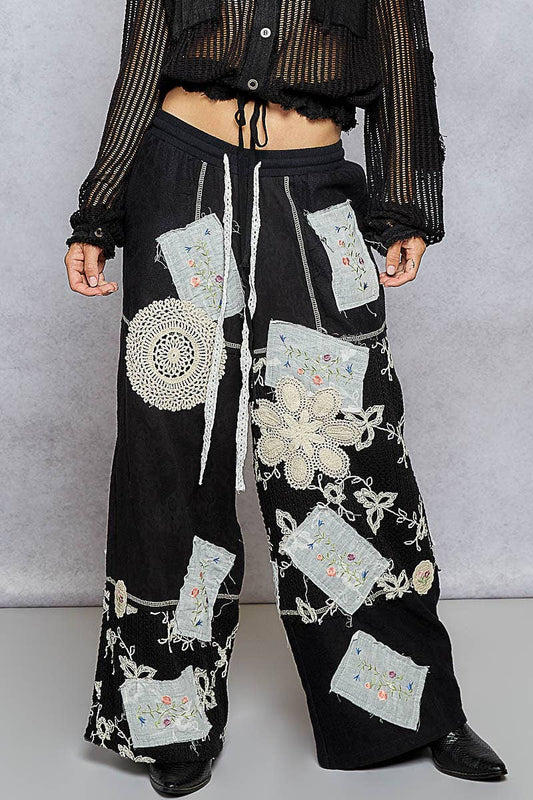 Solid Lace Patch Detail Woven Pants