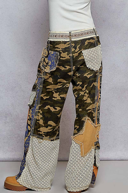 CAMO Printed Patchwork Detail Woven Twill Pants