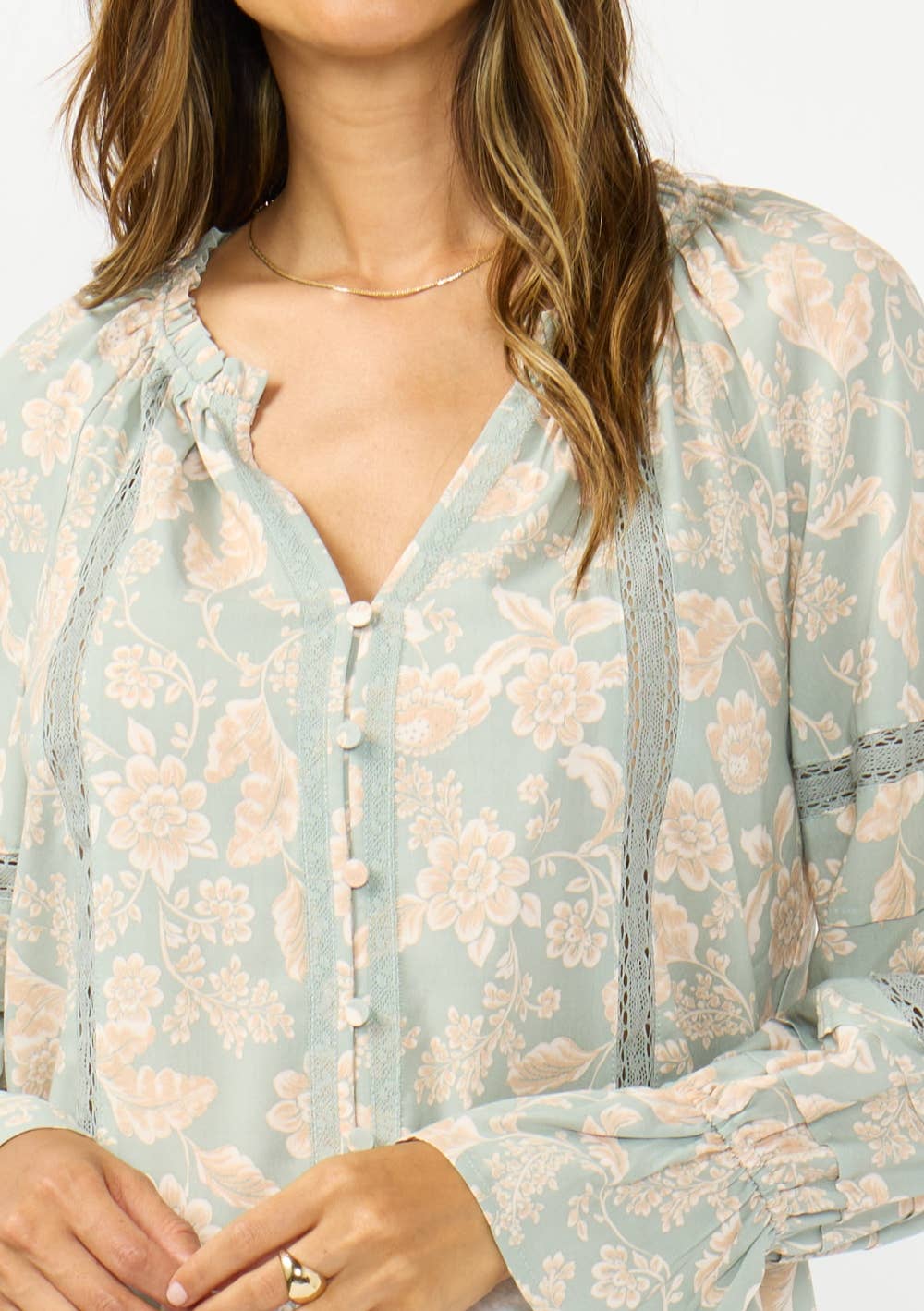 Long Sleeve Button Front Blouse w/ Lace Trim