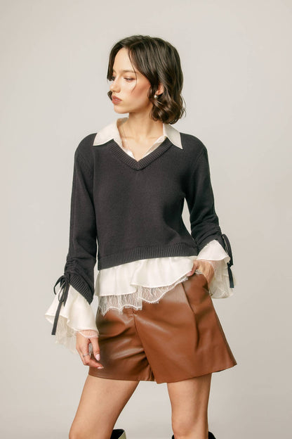 Satin & Lace Shirt Insert Ruffle Sleeve Sweater in navy pearl