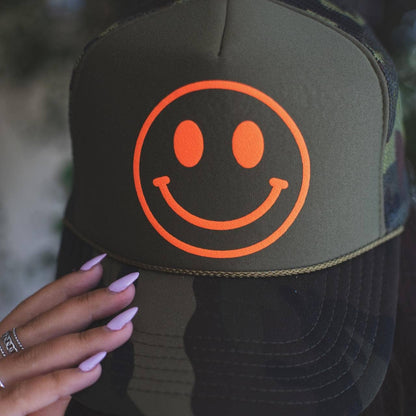 Otto Camo Trucker Hat with Orange Happy Face