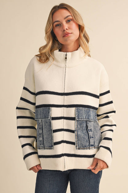 STRIPED DENIM FRONT POCKET DETAILED ZIP UP HIGH NECK