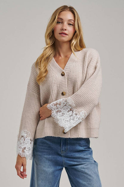 LOOSE FIT SOFT V NECK SWEATER CARDIGAN WITH LACE