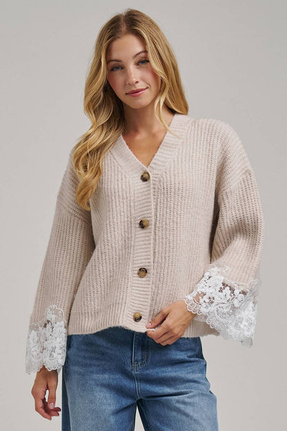 LOOSE FIT SOFT V NECK SWEATER CARDIGAN WITH LACE