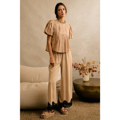 LINEN BLEND LACE TRIM BANDING WAIST PANTS