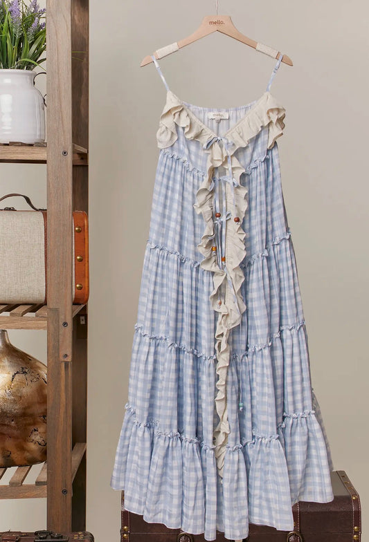 CHECKER RUFFLE DRESS IN LIGHT BLUE
