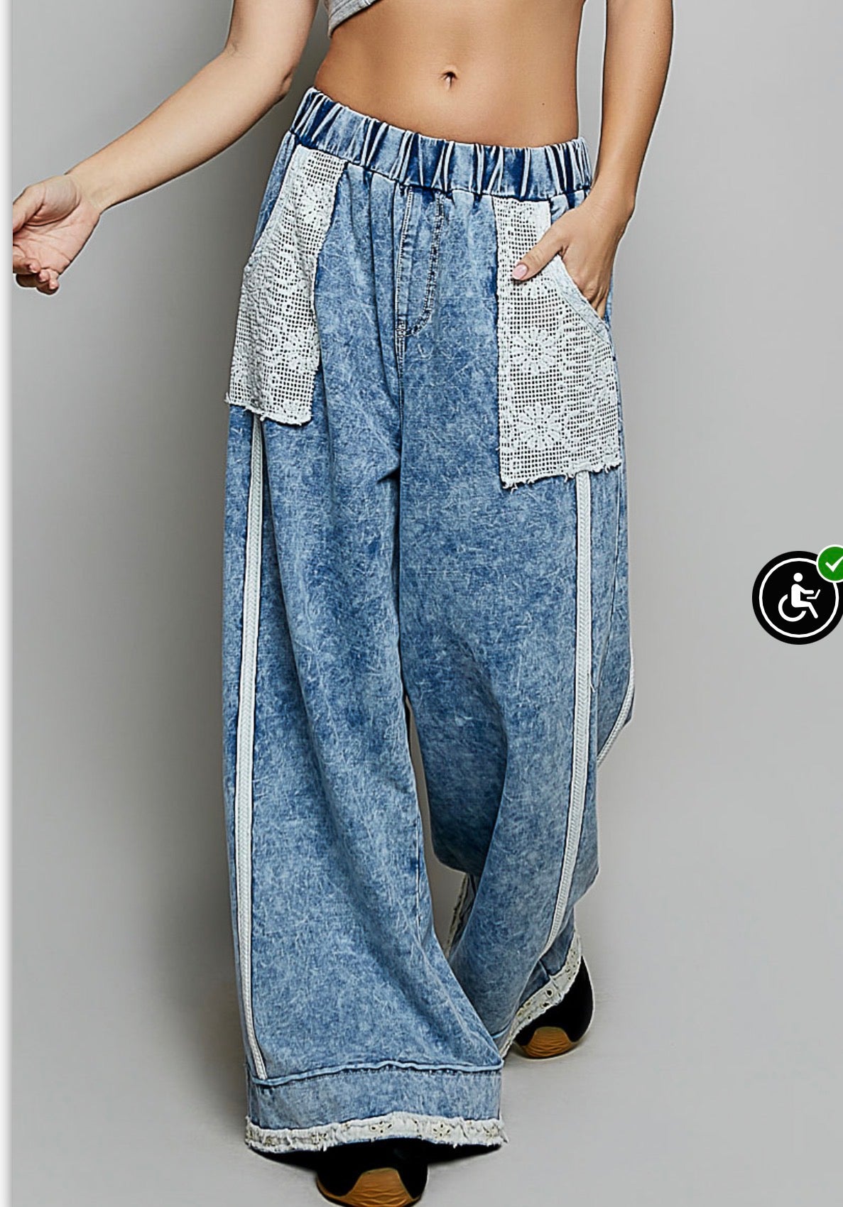 DENIM AND LACE KNIT LOOSE FIT PANTS