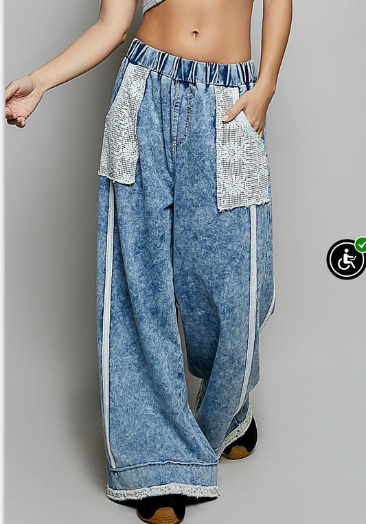 DENIM AND LACE KNIT LOOSE FIT PANTS