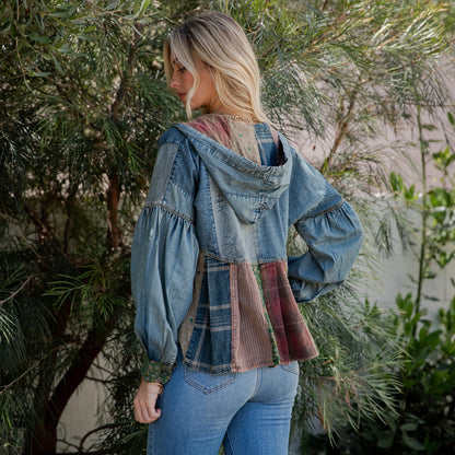 DENIM HOODIE WITH PLAID