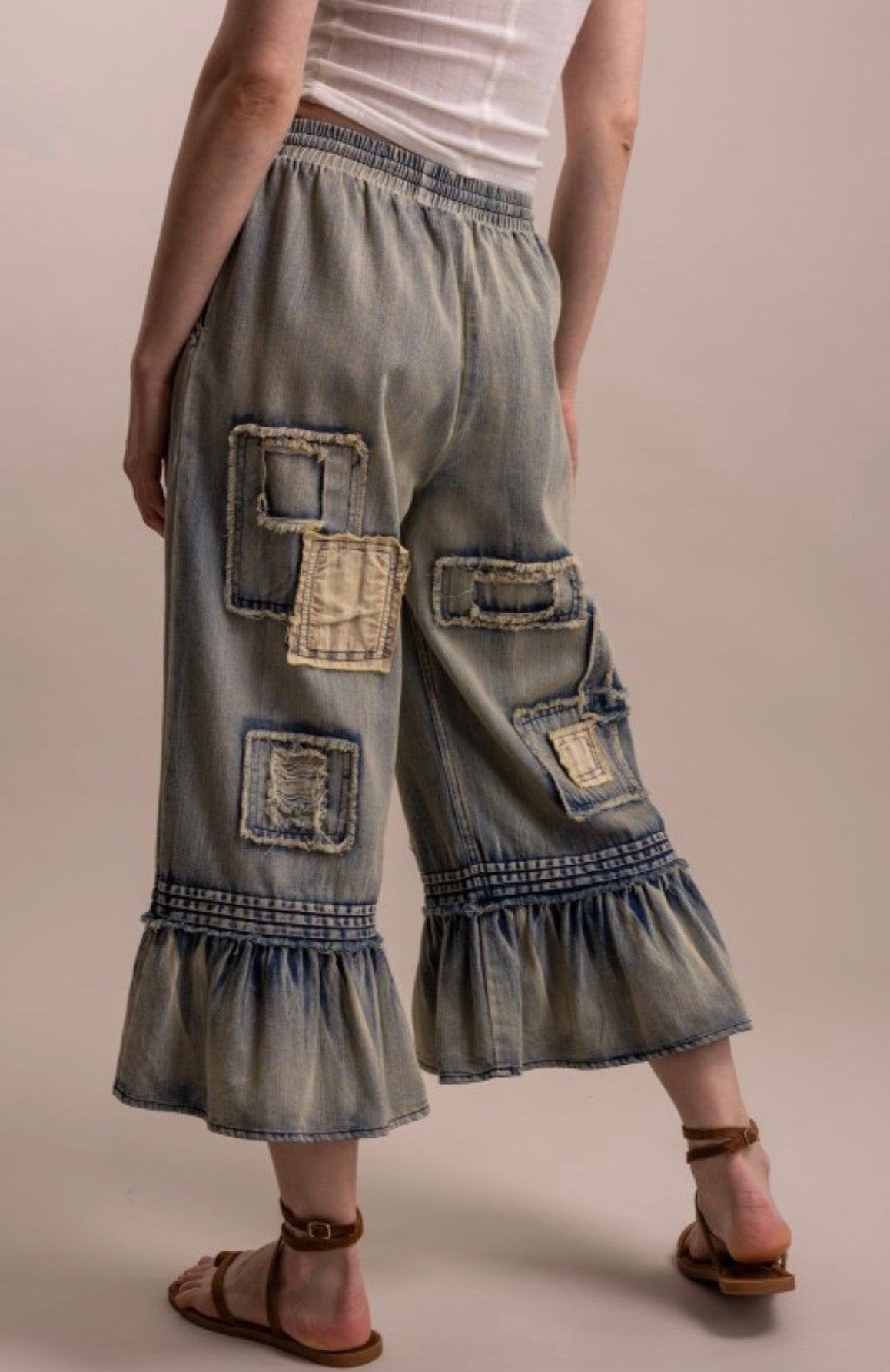 Embroidered patchwork, ruffle, hem, cropped pants in denim