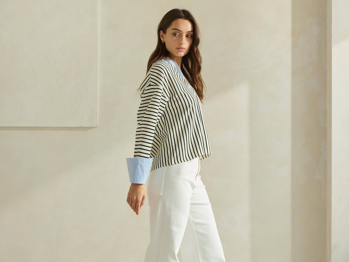 Striped Top with Contrast Neck & Cuffs