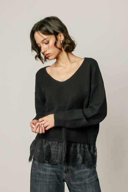 Lace Hem V-Neck Relaxed Sweater