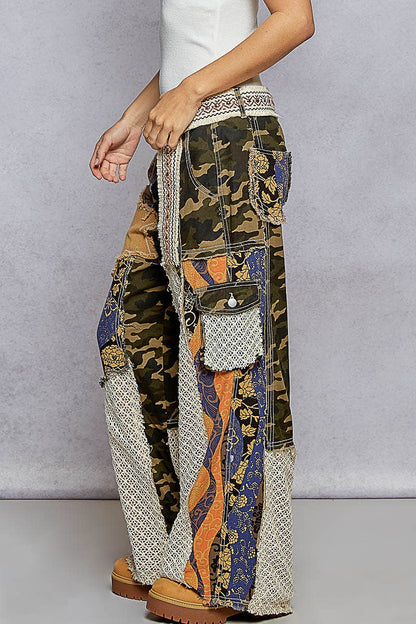CAMO Printed Patchwork Detail Woven Twill Pants