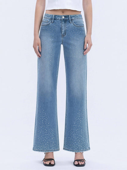 HIGH RISE FRONT RHINESTONE EMBELLISHED WIDE JEANS T6674