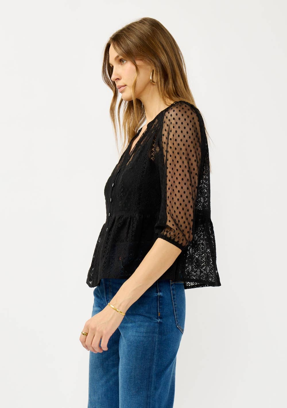 V-Neck Embroidered Lace Button Down Blouse