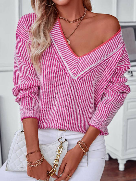 ROSE V Neck Stripes Long Sleeves Knitting Sweater