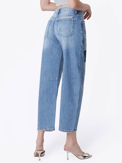 VERVET HIGH RISE PATCHWORK DETAIL BARREL JEANS