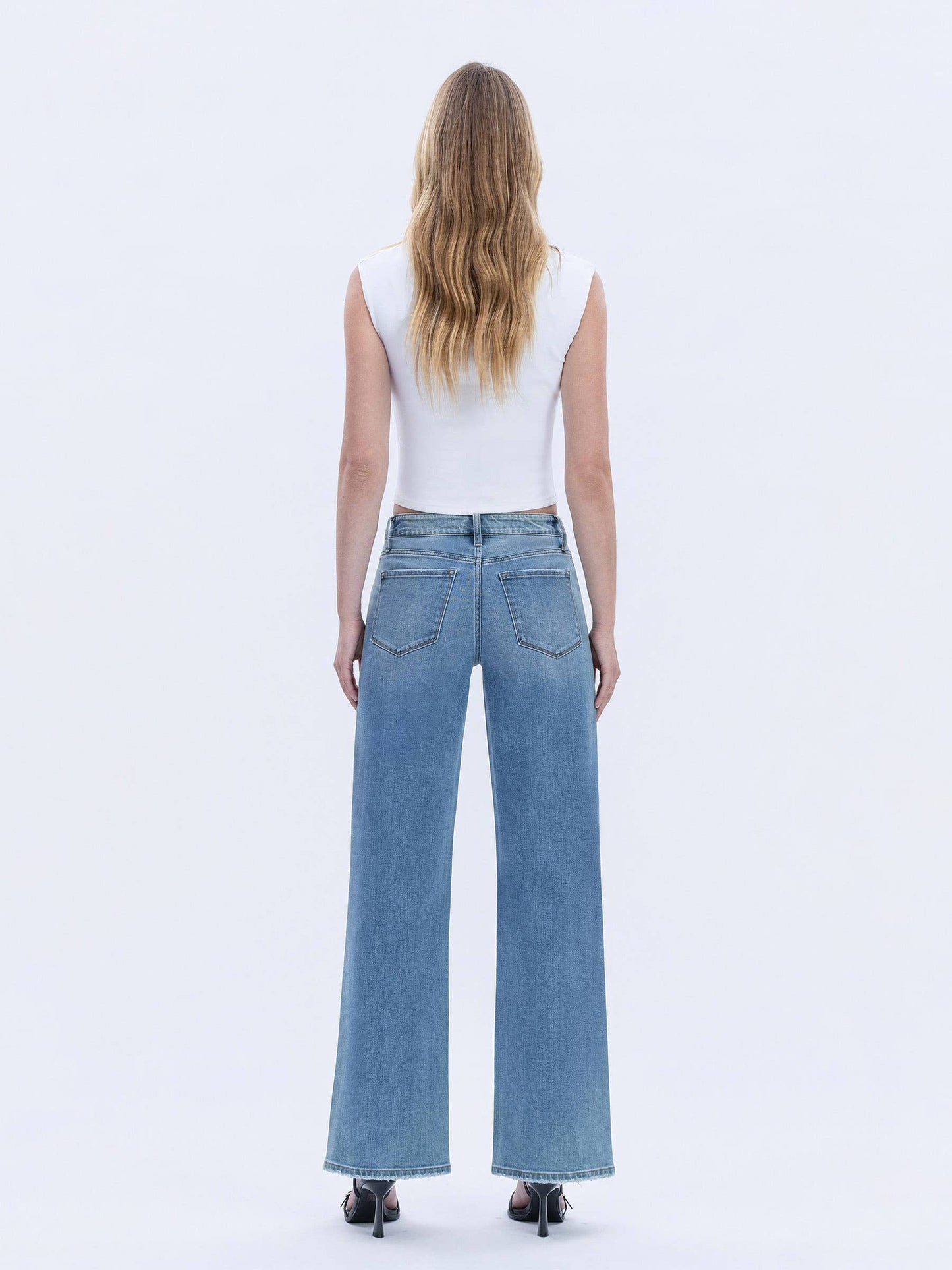HIGH RISE FRONT RHINESTONE EMBELLISHED WIDE JEANS T6674