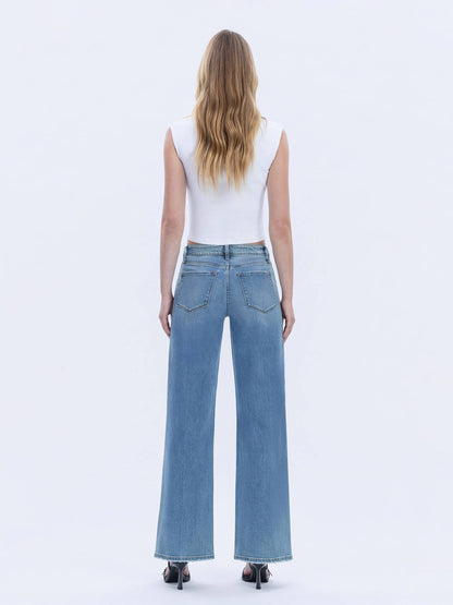 HIGH RISE FRONT RHINESTONE EMBELLISHED WIDE JEANS T6674