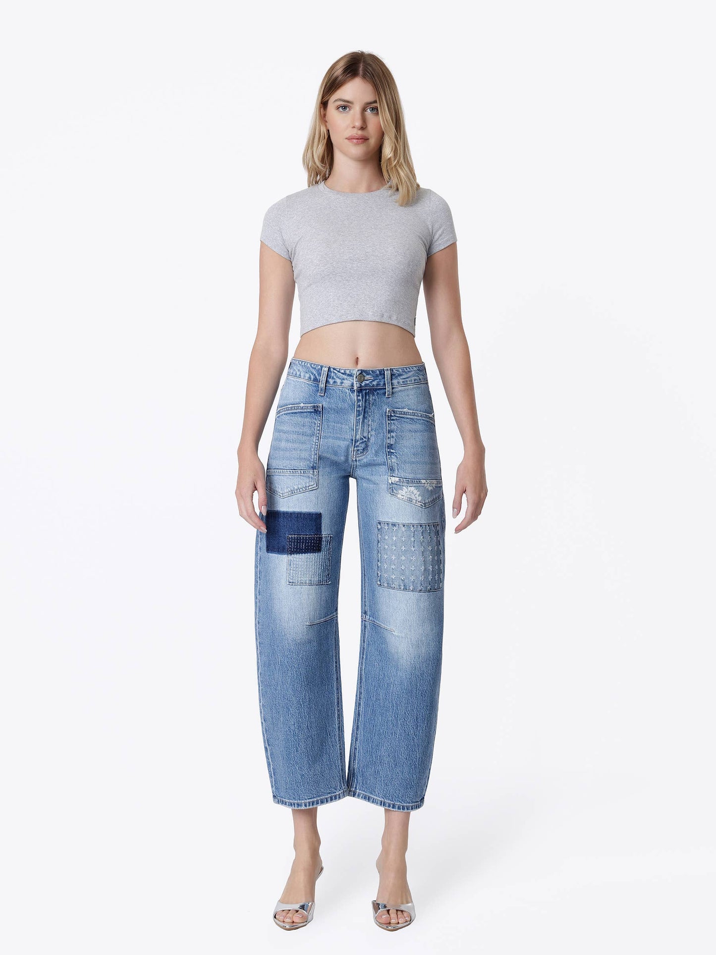 VERVET HIGH RISE PATCHWORK DETAIL BARREL JEANS