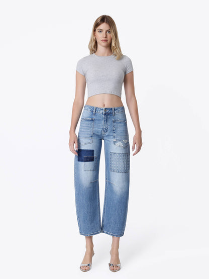 VERVET HIGH RISE PATCHWORK DETAIL BARREL JEANS