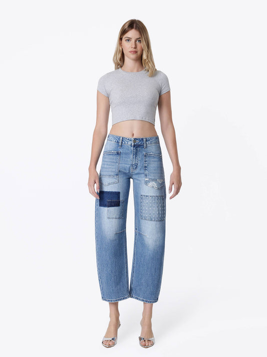VERVET HIGH RISE PATCHWORK DETAIL BARREL JEANS