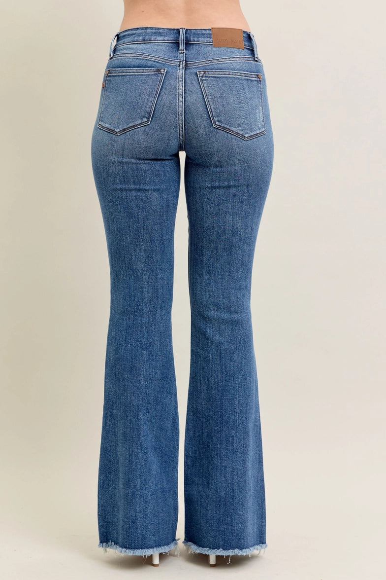 JUDY BLUE Mid Rise Vintage Wash Flare w/ Distressed and Fray Hem