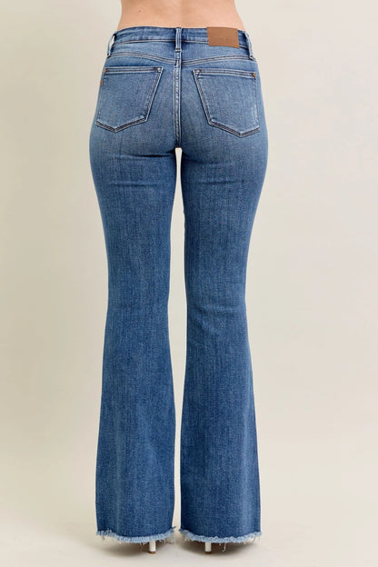 JUDY BLUE Mid Rise Vintage Wash Flare w/ Distressed and Fray Hem