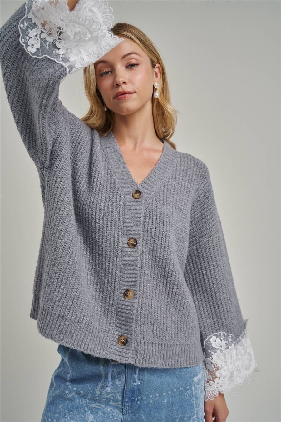 LOOSE FIT SOFT V NECK SWEATER CARDIGAN WITH LACE