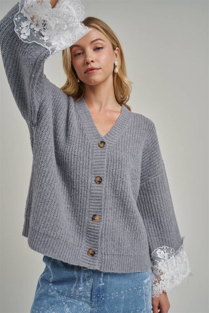LOOSE FIT SOFT V NECK SWEATER CARDIGAN WITH LACE