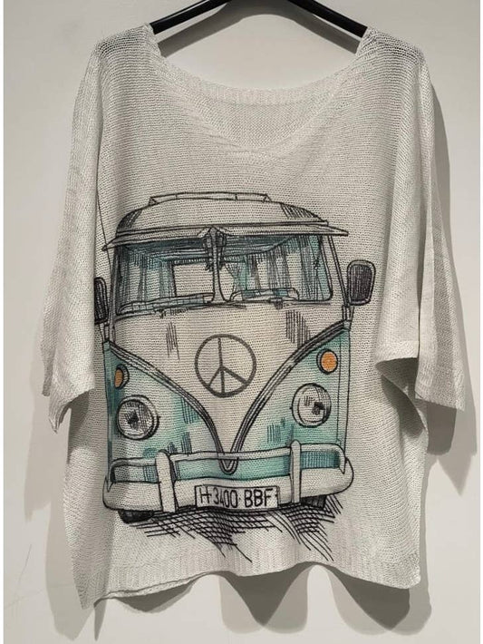 White Van Knit Printed Sweater 3/4 Sleeves O/S