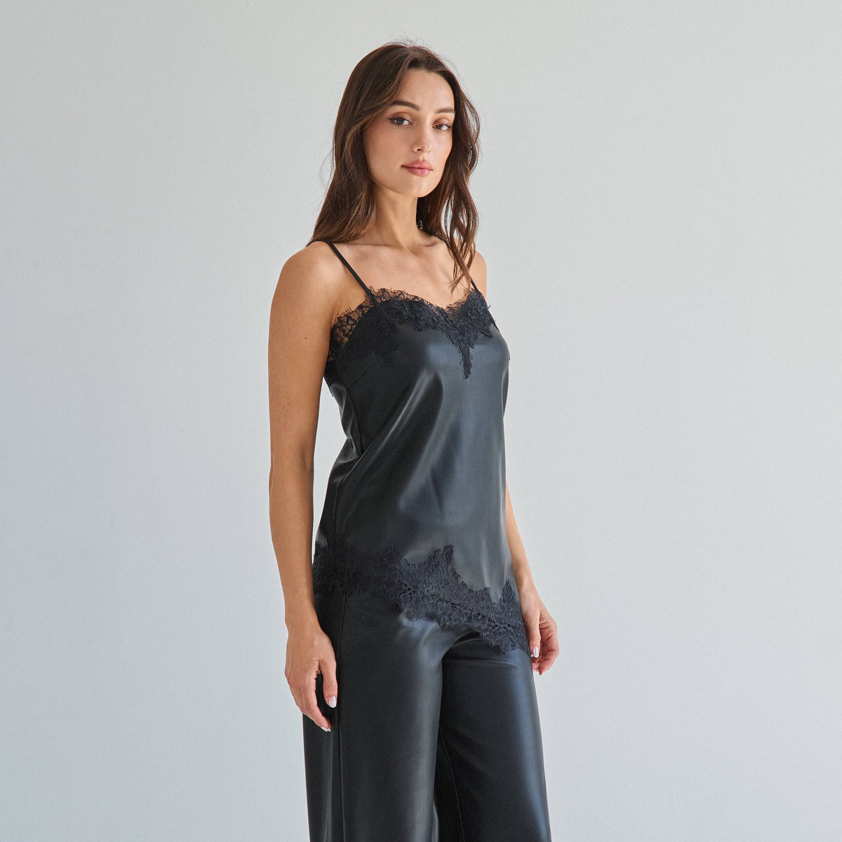 Black Lace trim vegan leather cami top & pants set