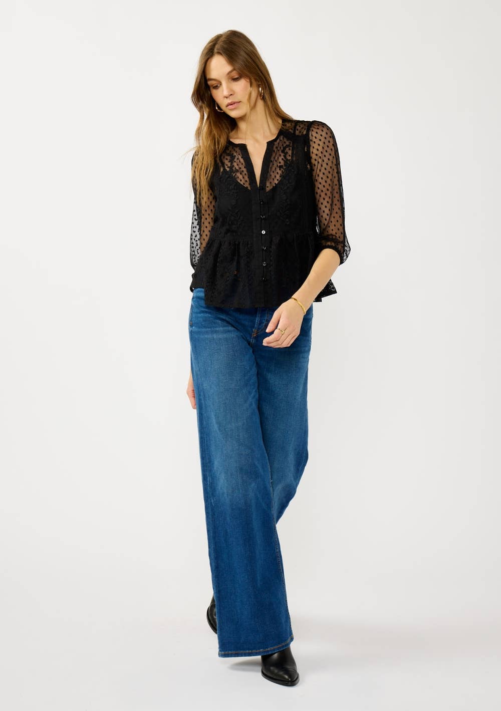 V-Neck Embroidered Lace Button Down Blouse