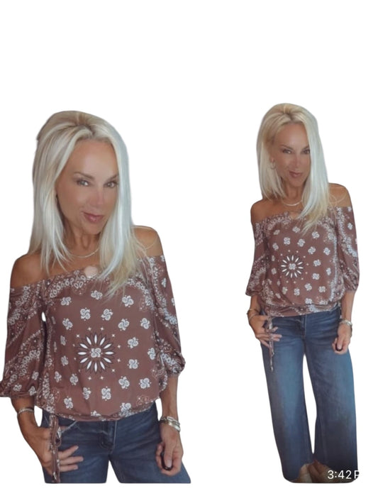 VAVA JENNY HALF SLEEVE DRAW STRING TOP IM BROWN BANDANA