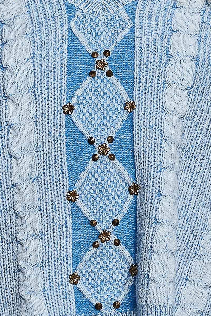 Vintage Lace Patch Stud Balloon Sleeve Sweater Top In Light blue