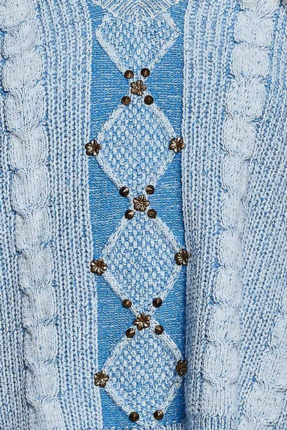 Vintage Lace Patch Stud Balloon Sleeve Sweater Top In Light blue