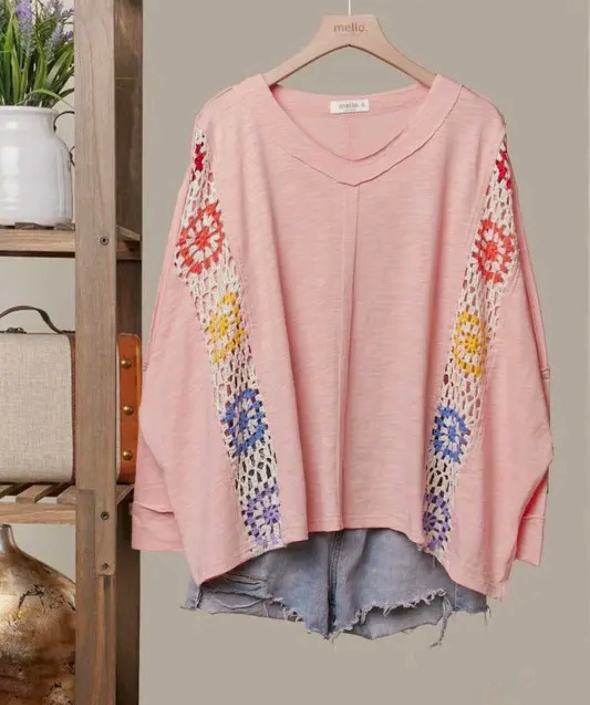 CORAL OVERSIZED TOP WITH CROCHET PANELS