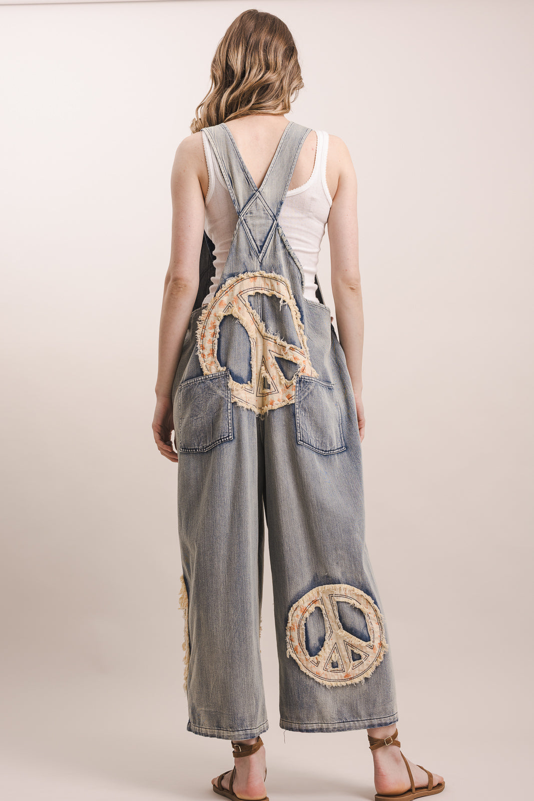 Peace patchwork embroidered denim overalls