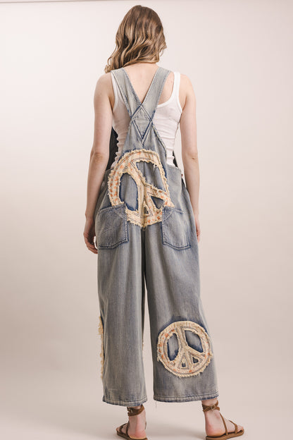 Peace patchwork embroidered denim overalls
