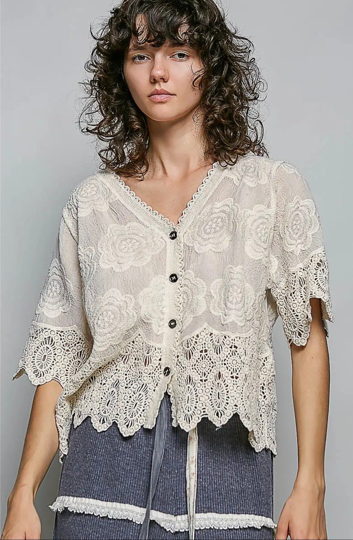NATURAL CROCHET TOP O/S