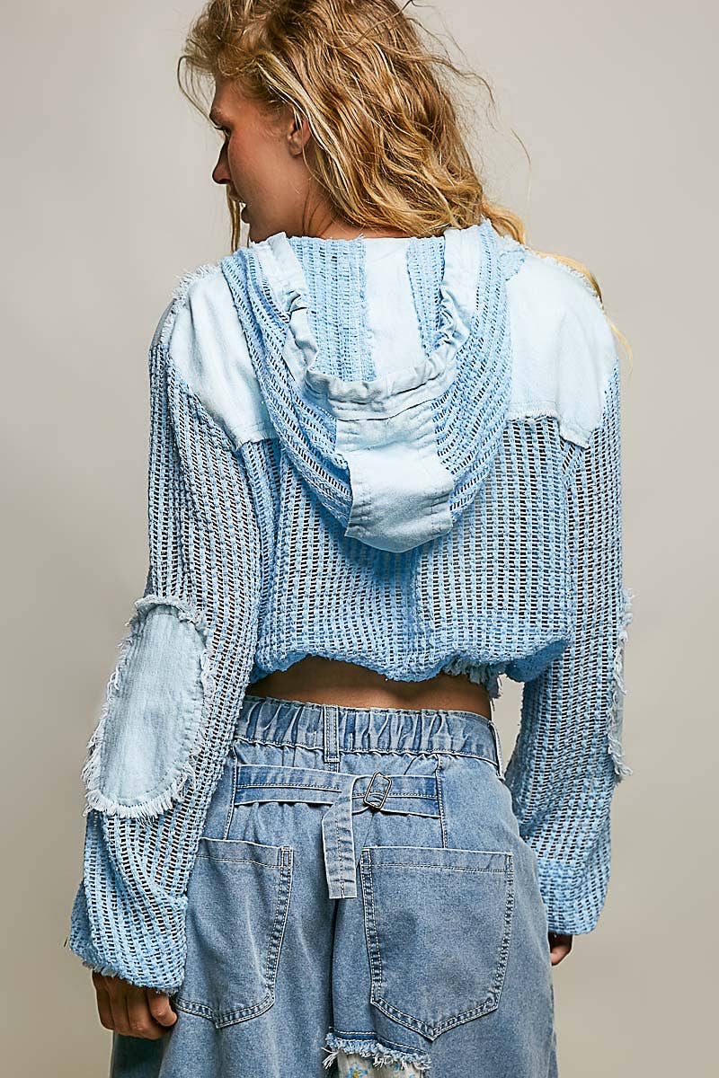Open Knit Button Down Pocket Front Hooded Shirt Top