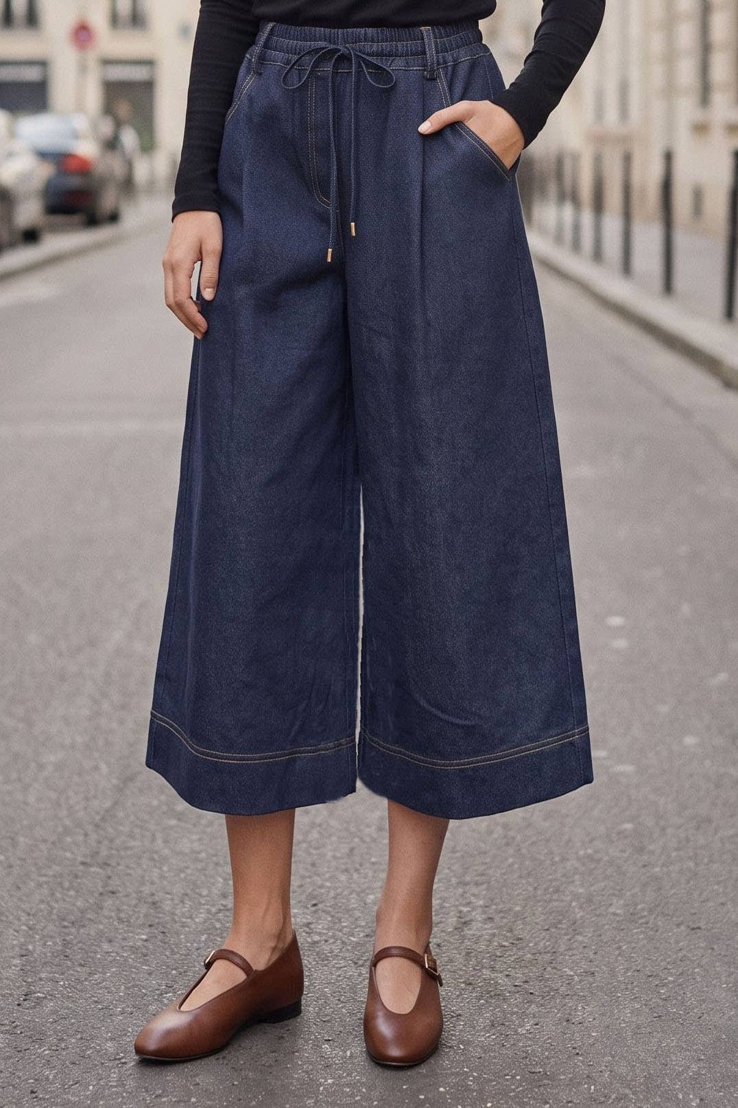 PIPER DRAWSTRING CAPRI DENIM PANTS