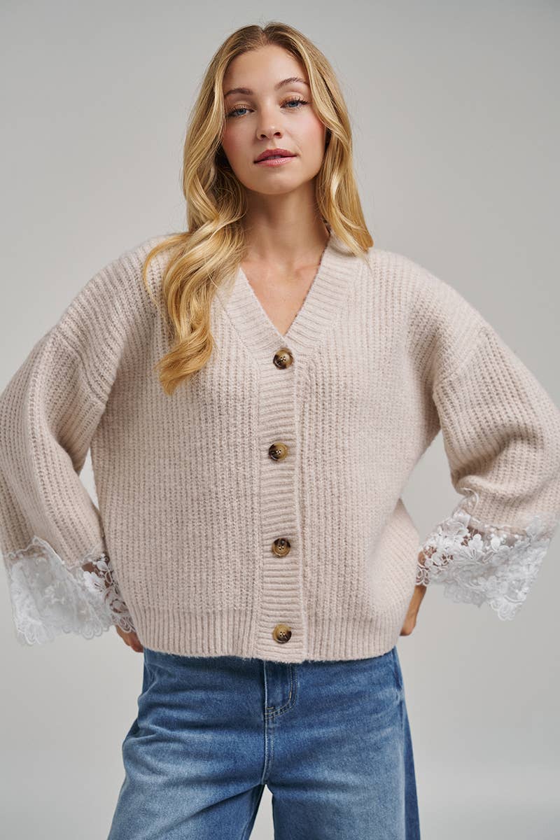 LOOSE FIT SOFT V NECK SWEATER CARDIGAN WITH LACE