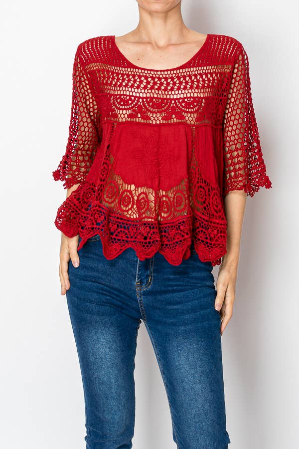 Relaxed Short Crochet Lace Top-4819 RED