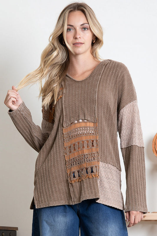 MULTI FABRIC LACE INSET HOODED TOP IN BROWN