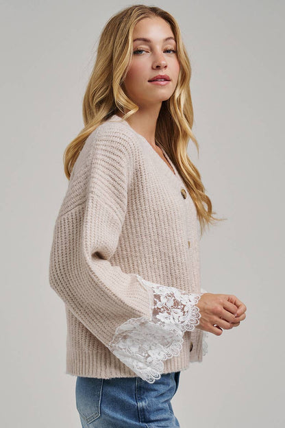 LOOSE FIT SOFT V NECK SWEATER CARDIGAN WITH LACE