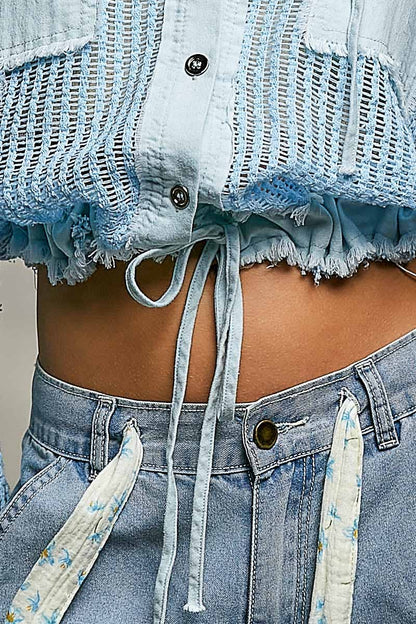 Open Knit Button Down Pocket Front Hooded Shirt Top