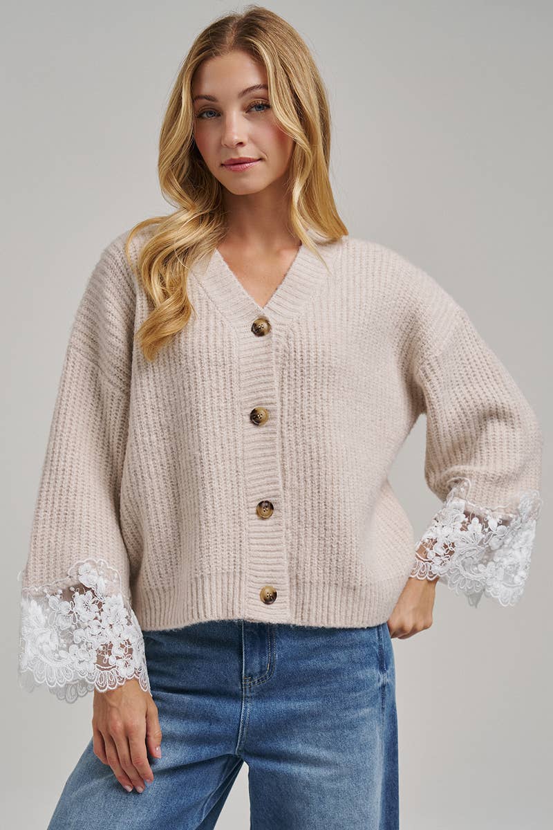 LOOSE FIT SOFT V NECK SWEATER CARDIGAN WITH LACE